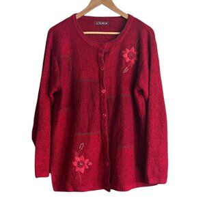 Vintage Red Embroidered Beaded Cardigan Women’s L Sparkly Buttons Grandma Core
